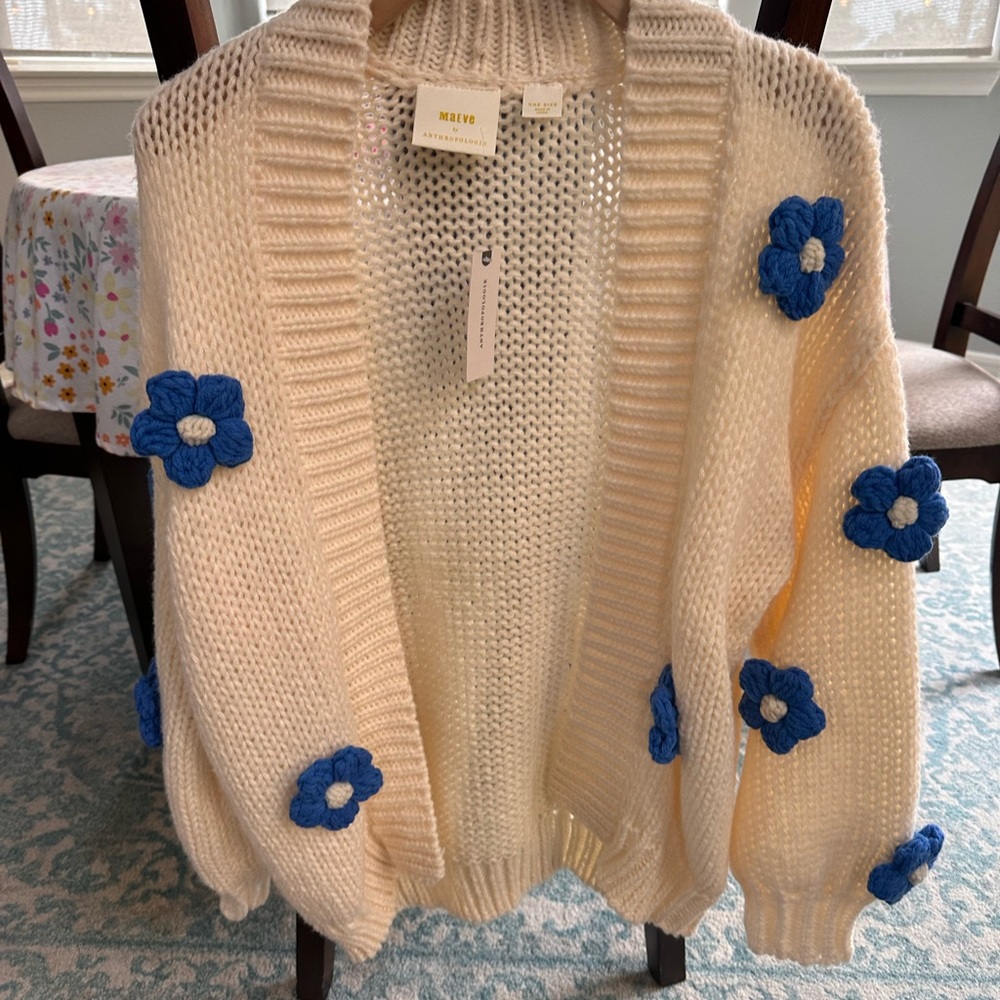 Cream Sweater with Blue Floral Accents
